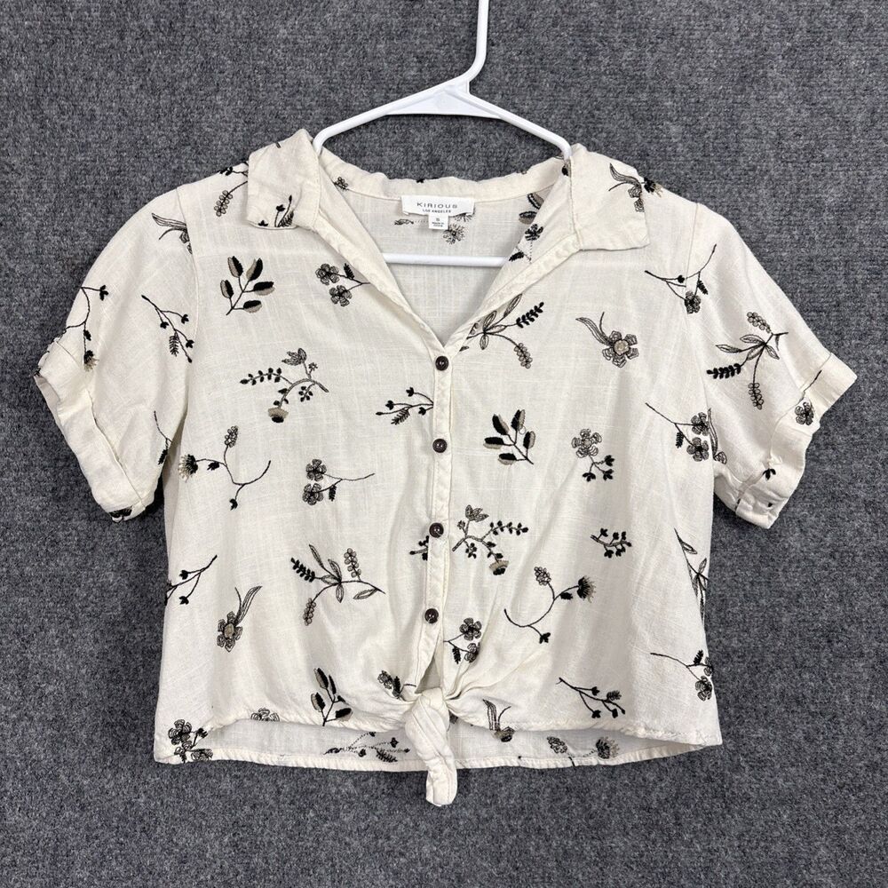 Kirious Las Angeles Top Blouse  Womens Size S Cream Black Floral Embroider Crop